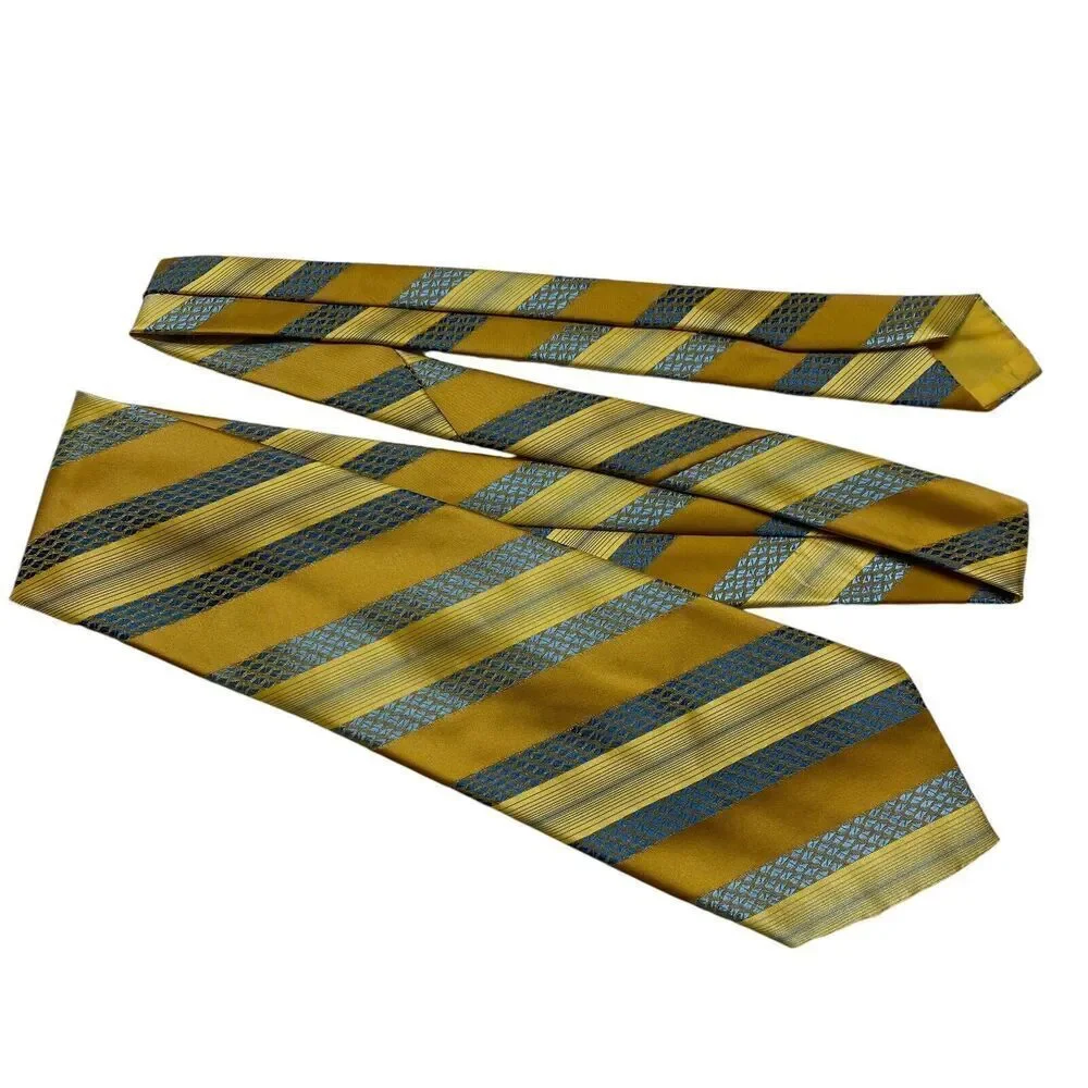 Vtg Wembley Men's Tie Necktie Wide Wemlon Polyester Yellow Blue Brown Striped